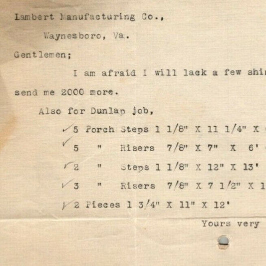 1914 Scarce C.W. Lambert Building Contractor Staunton, VA Letterhead