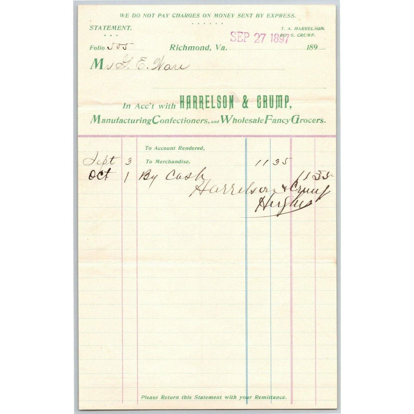 Harrelson & Crump Confectioners Letterhead Richmond, VA to Geo. E. Wear 1897