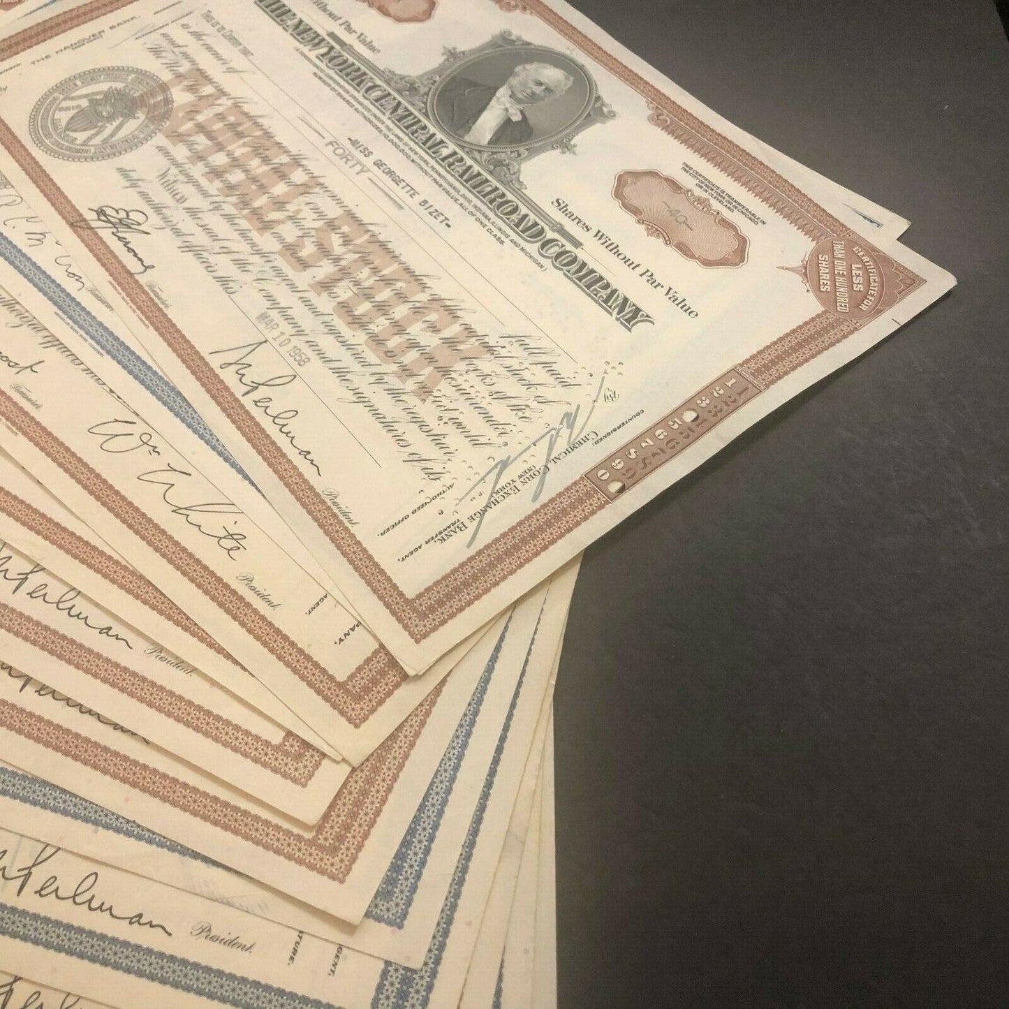 Group of 20 1960's New York Central Railroad Vintage Stock Certificates