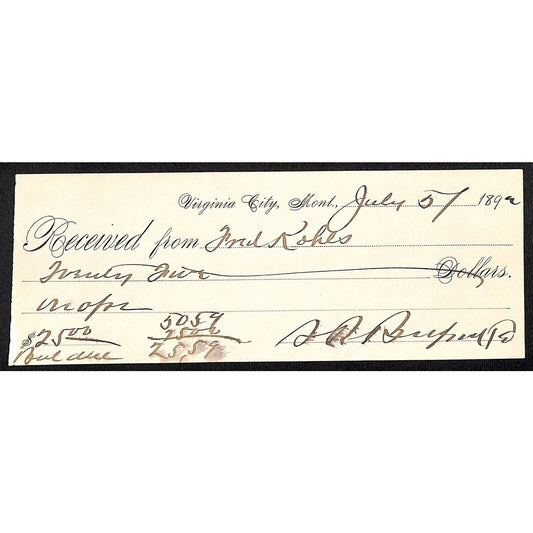 Virginia City Montana 1898 S.R. Buford (Signed) / Henry Elling Receipt