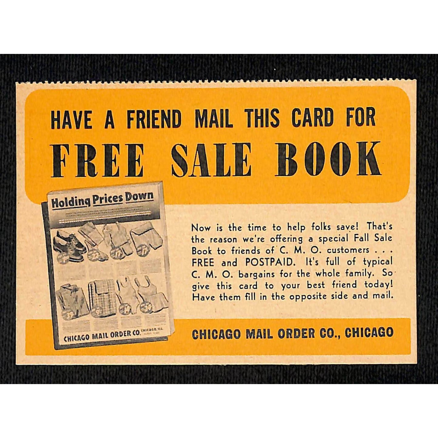 c1930's-40s Chicago Mail Order Co's "Free Sale Book" Mail-in Postcard Offer Card