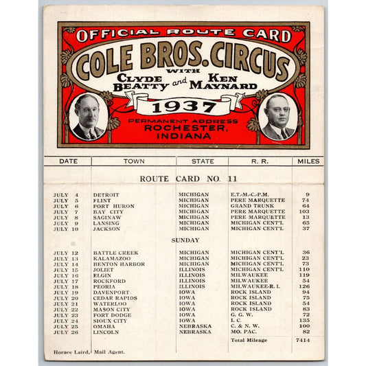 1937 Cole Bros with Clyde Beatty Ken Maynard Circus Route Card MI IL IA NE