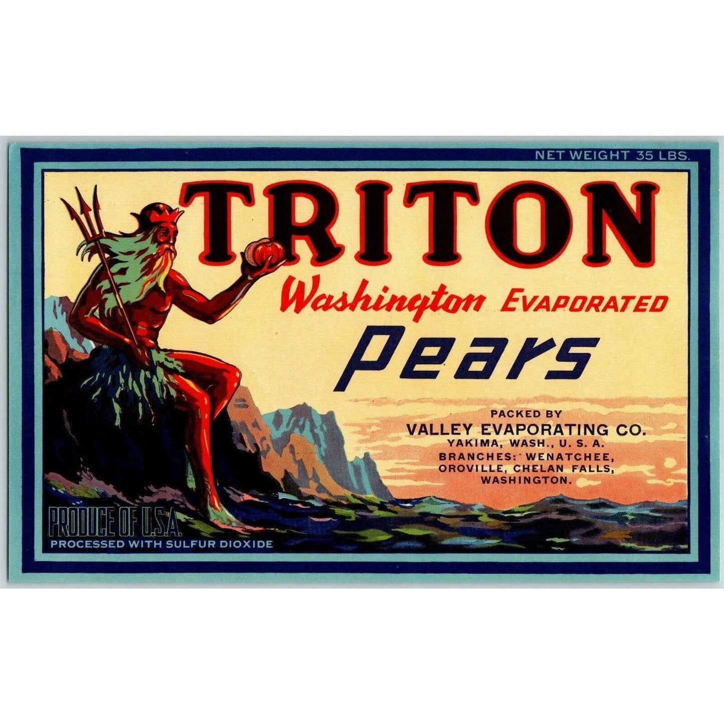 Triton Pears Vintage Original Paper Fruit Crate Label Yakima Washington Greek