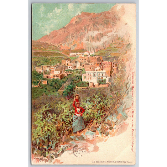 Italian Postcard Capri Woman in Garden with Basket w/ Town View c1901-1907