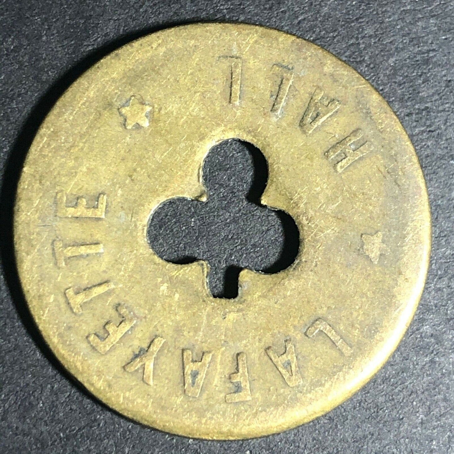 24.5mm Brass Lafayette Hall (Saloon Sacramento, CA) Token Clover Shamrock (#4)
