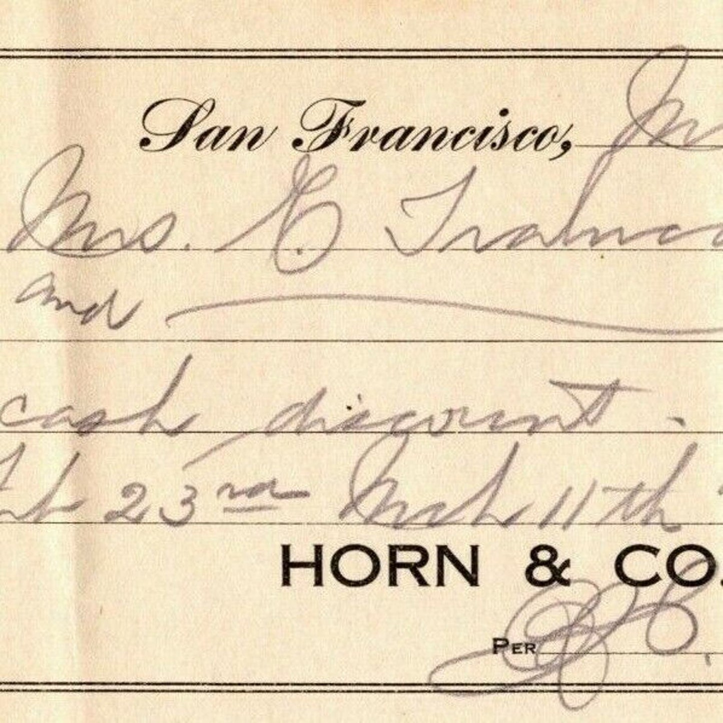 1909 Received Receipt to Horn & Co.(Cigars and Tobacco) - San Francisco, CA