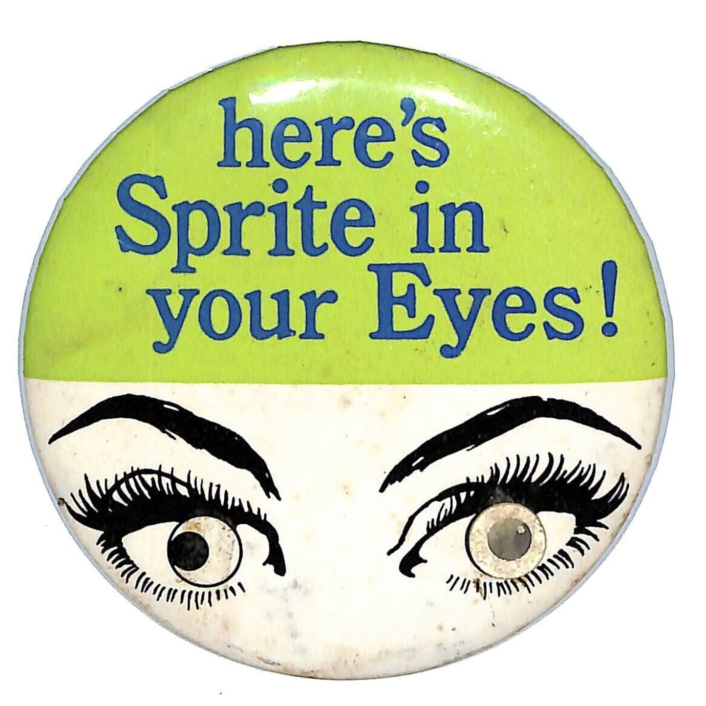 Here's Sprite in your Eyes! Pinback Button c1965-70's Lenticular Woman's Eyes