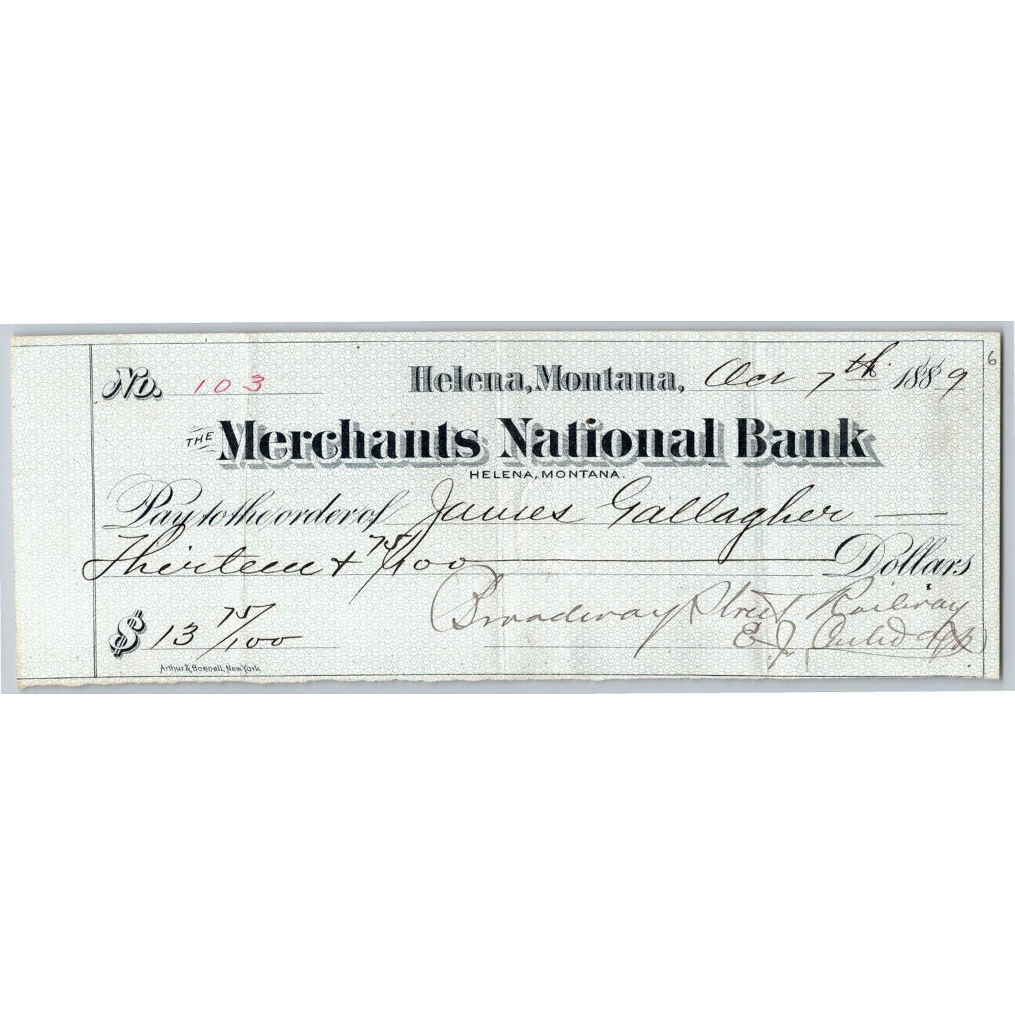 Helena Montana Merchants National Bank Check 1889 J. Gallagher