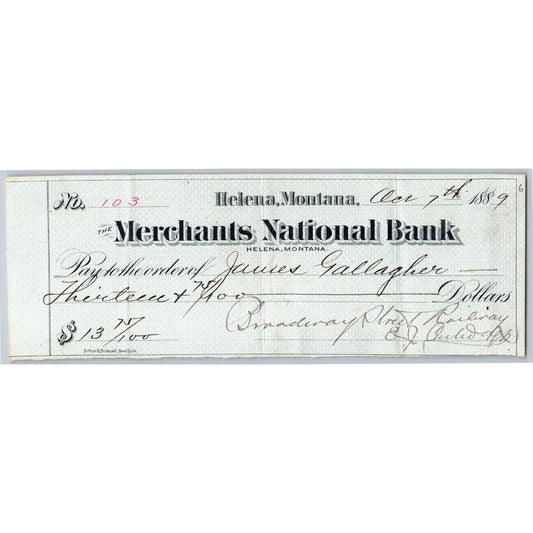 Helena Montana Merchants National Bank Check 1889 J. Gallagher