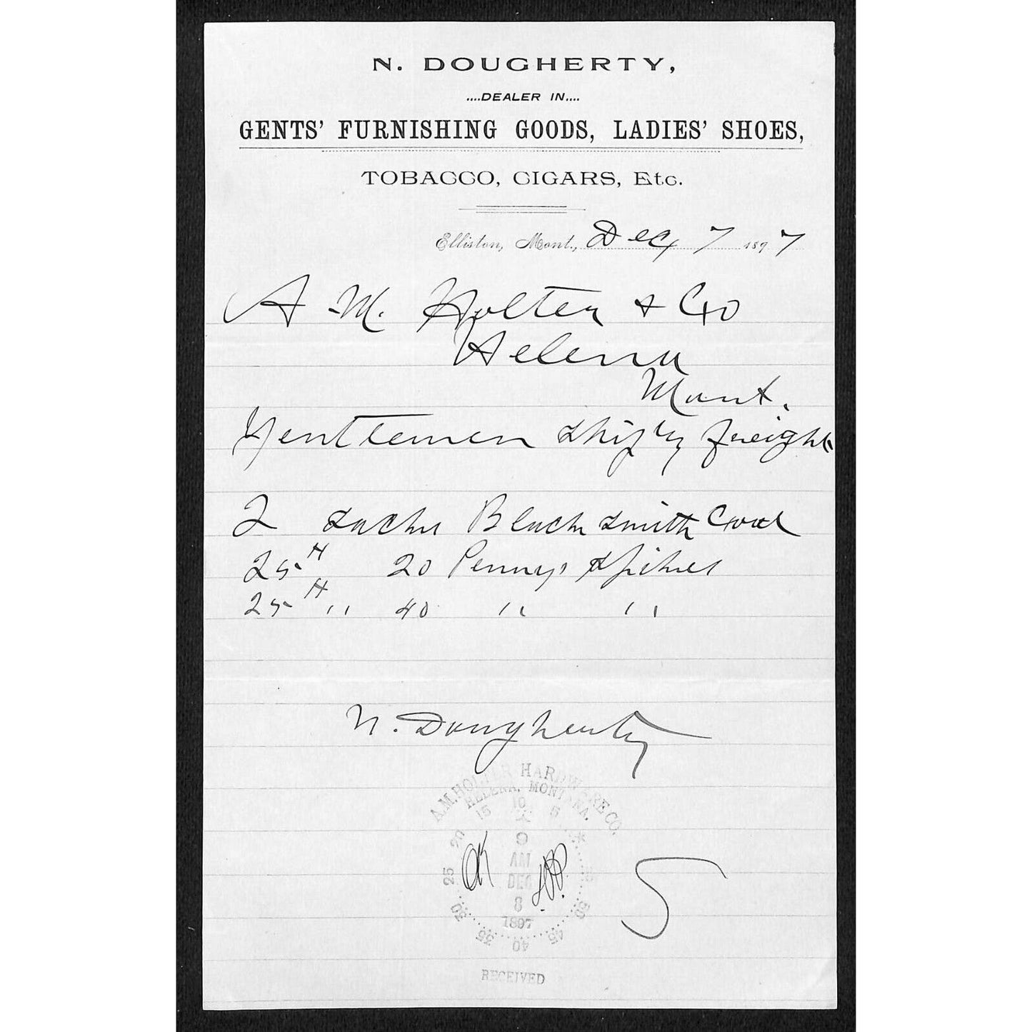 Elliston, MT N. Dougherty Gents' Furnishing Goods Ladies Shoes 1897 Billhead