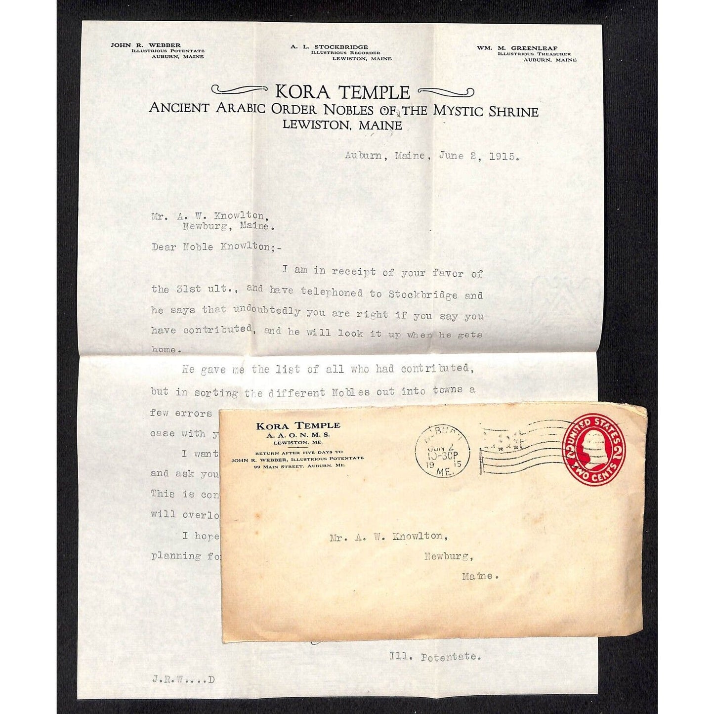 Newburgh, ME Amos W. Knowlton* 1915 "Kora Temple" Letterhead re: Contribution