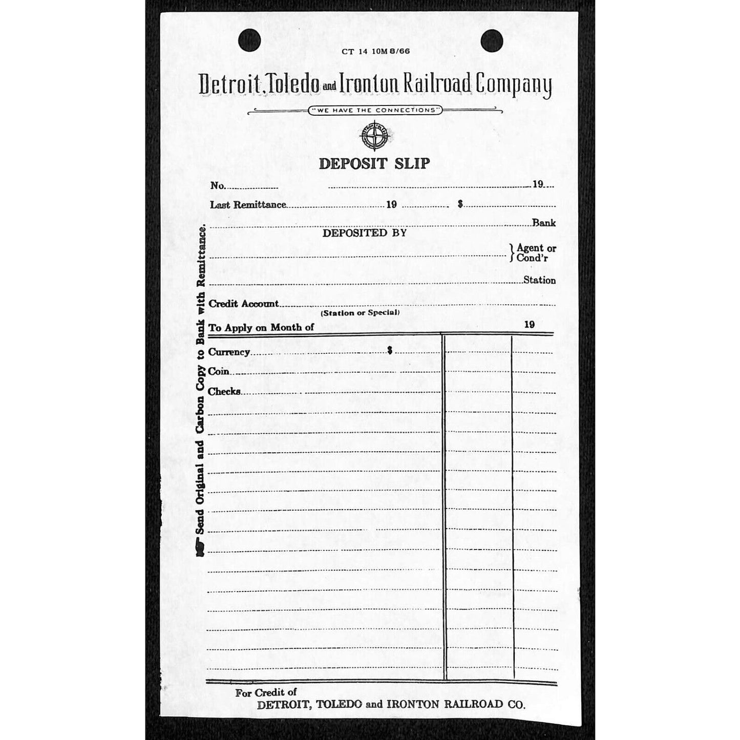 Detroit, Toledo and Ironton Railroad c1966 Unused Deposit Slip - Scarce VGC