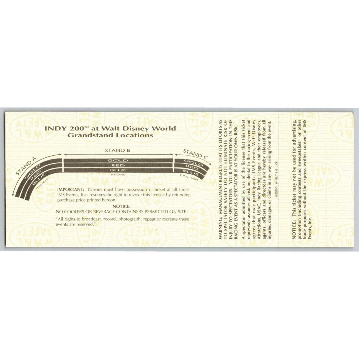 1996 Indy 200 Walt Disney World Thur Qualifications & Practice Unused Ticket #9