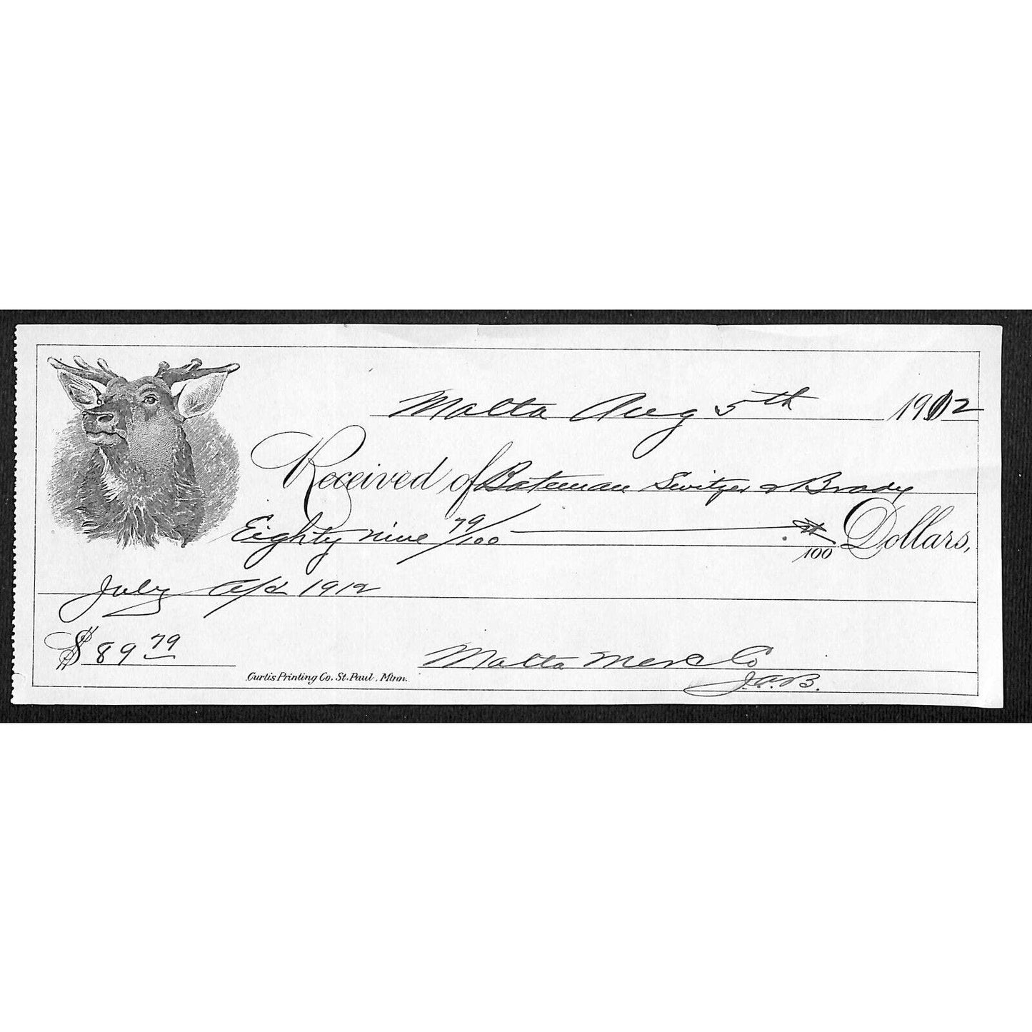 Malta Montana 1912 Batemen-Switzer Co. / Malta Mercantile Co. Payment Receipt