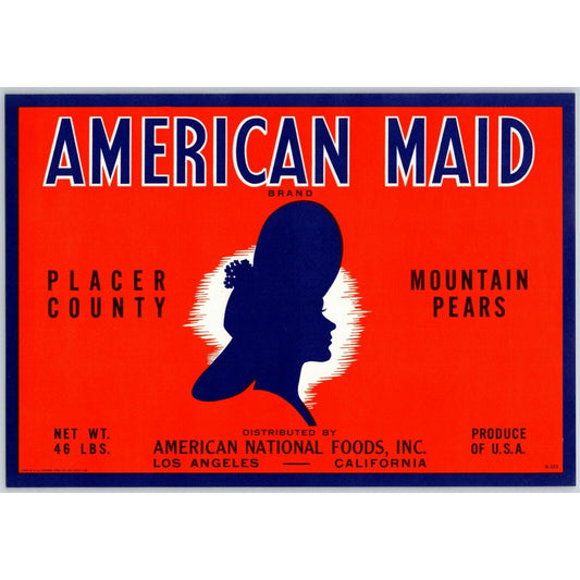 American Maid Mountain Pears Los Angeles, CA Original Paper Fruit Crate Label