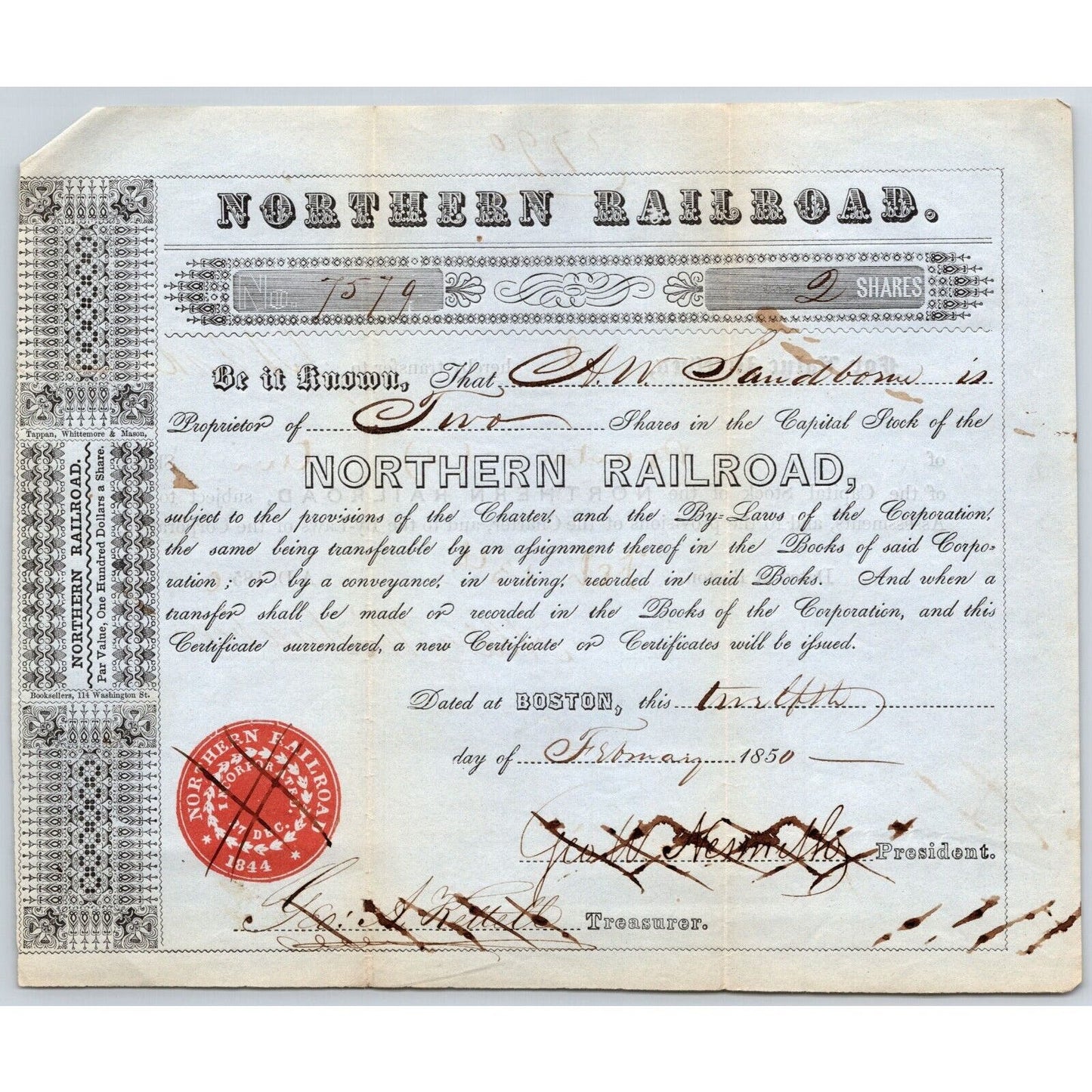 1850 Boston, MA Northern Railroad Stock Certificate No. 7579 for 2 Shares