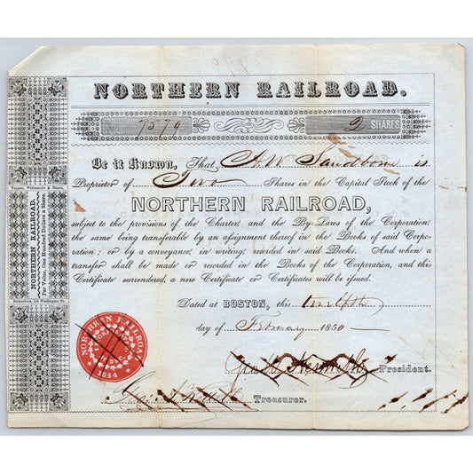 1850 Boston, MA Northern Railroad Stock Certificate No. 7579 for 2 Shares