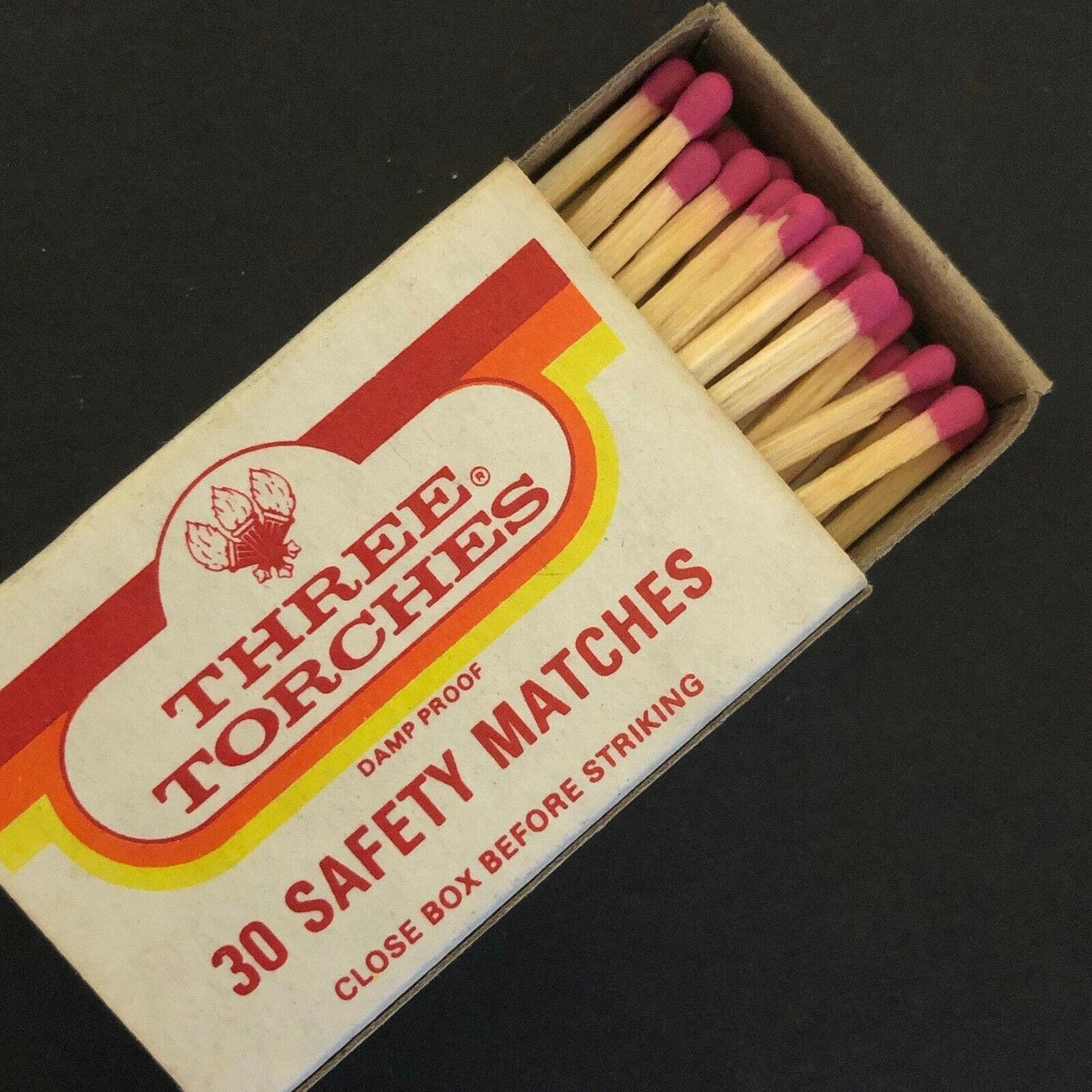c1970's-80's Wooden Matchbox Matchbook "Three Torches Safety Matches"