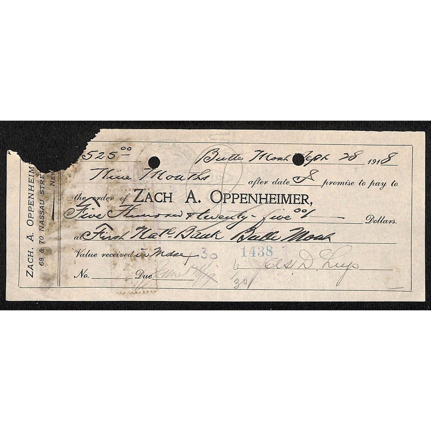 Zach A Oppenheimer / Leys Jewelry Butte, MT 1918 $525 Promissory Note