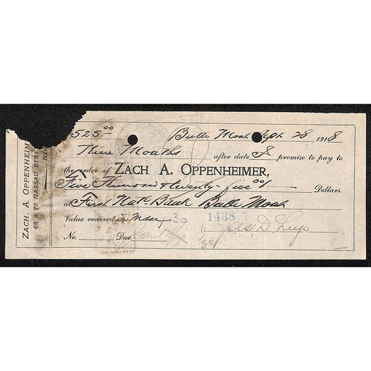 Zach A Oppenheimer / Leys Jewelry Butte, MT 1918 $525 Promissory Note