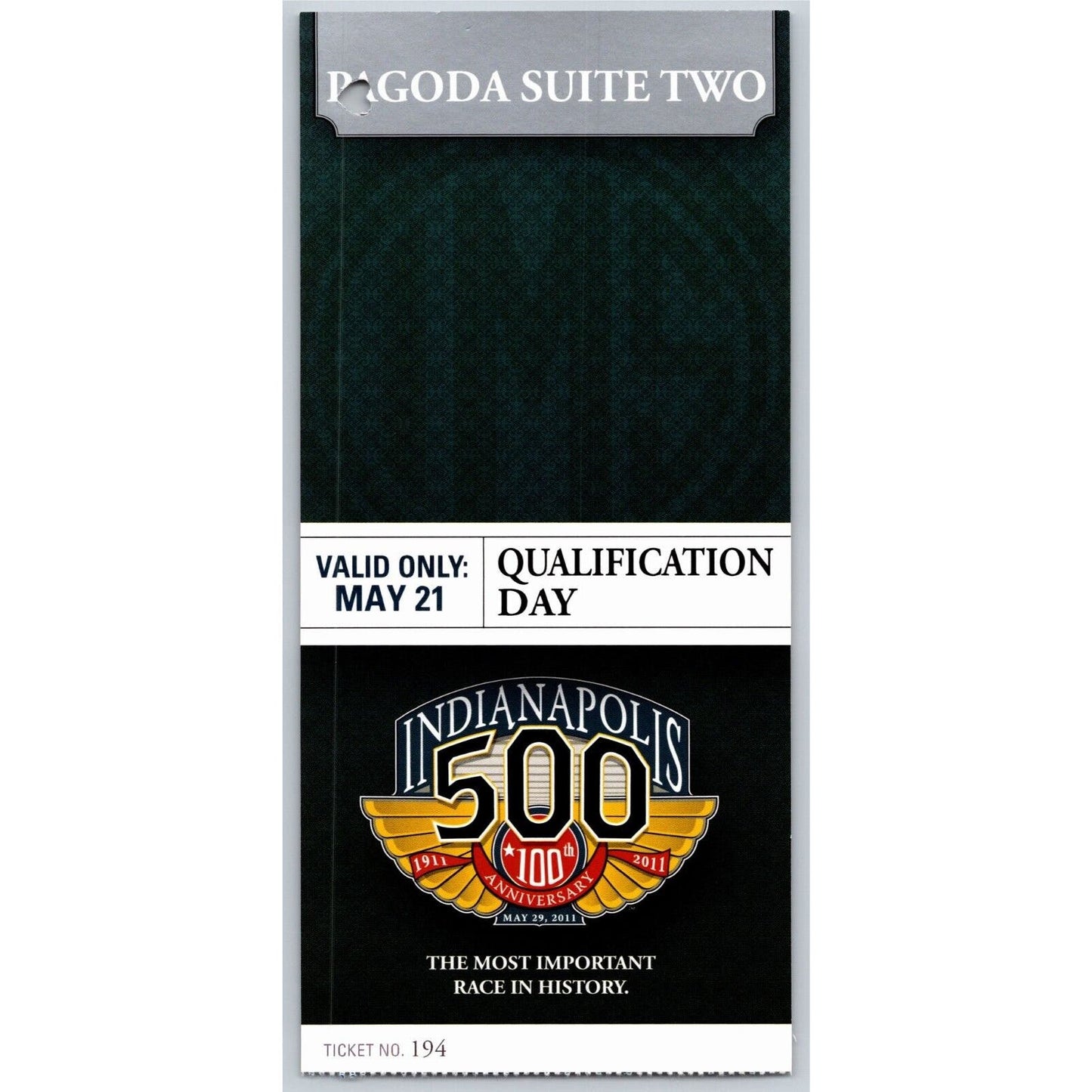 2011 Indy 500 Qualification Day 5/21 Pagoda Suite Two Ticket Stub #194