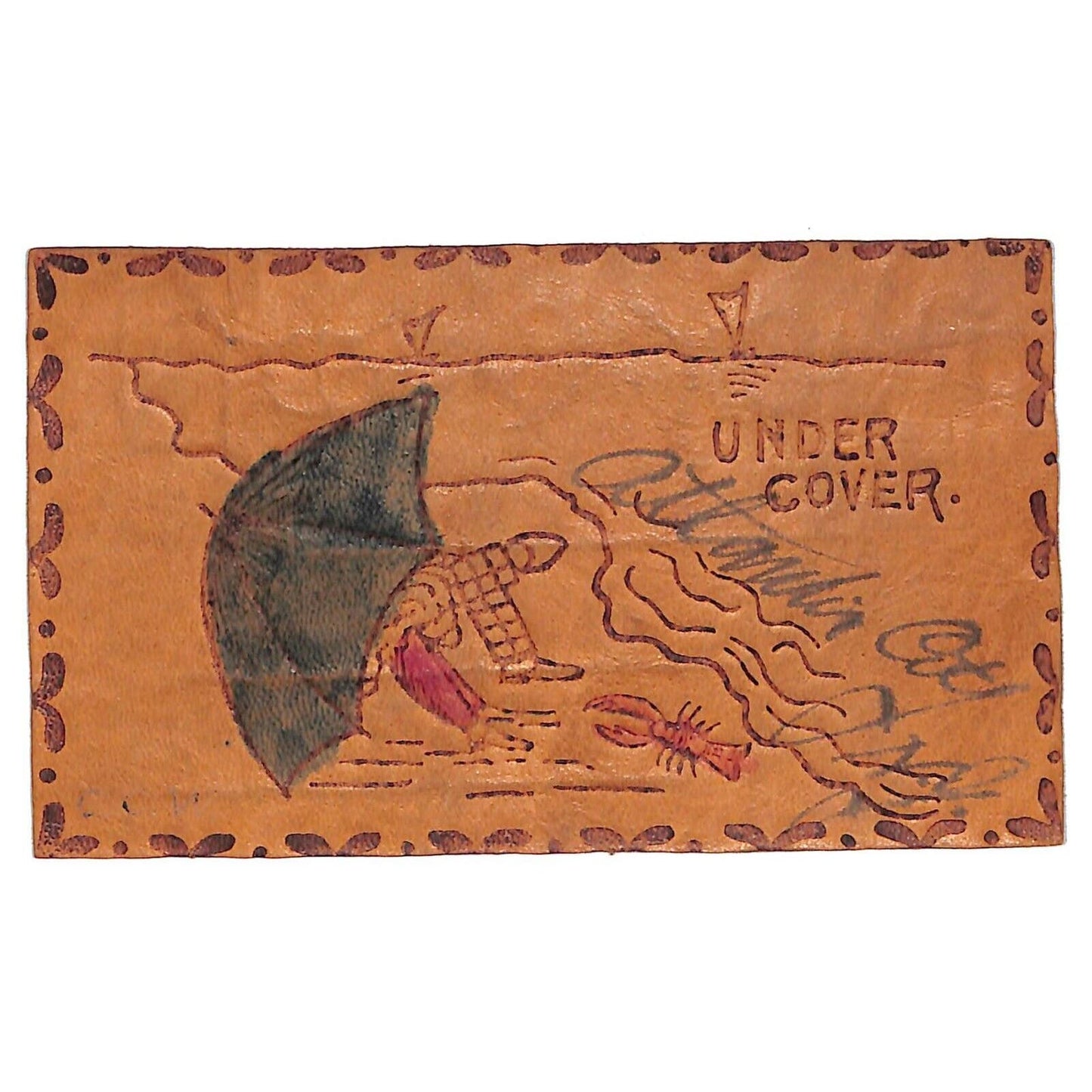 Funny Leather Postcard "Under Cover" Beach Humor Lobster Umbrella