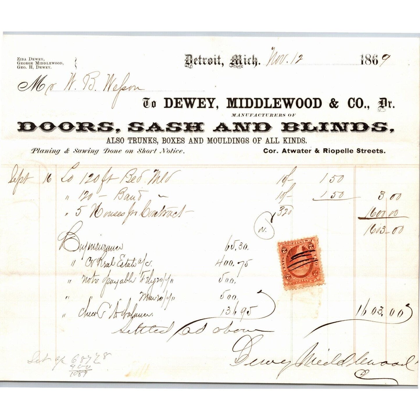 Detroit Letterhead Dewey, Middlewood & Co. Doors, Sash and Blinds 1869 Rev Stamp