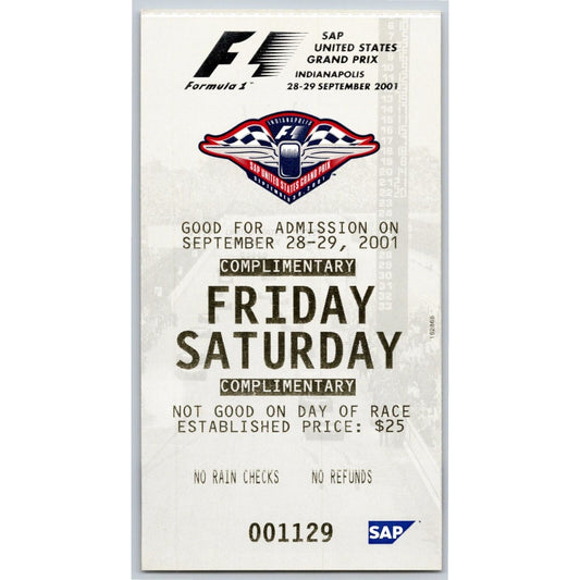 2001 Indianapolis Formula One Grand Prix Racing Fri Sat Comp Ticket #1129