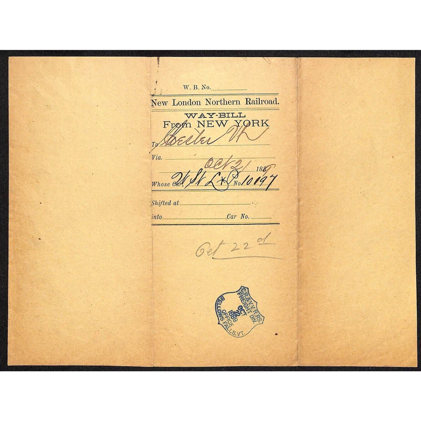 New London Railroad 1889 Freight Way-Bill w/ Bellows Falls, VT Stamp - Scarce