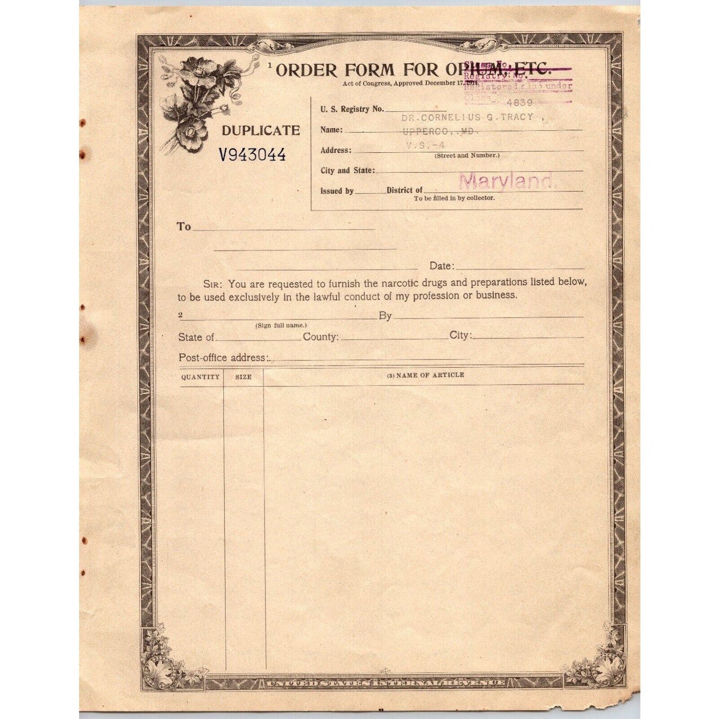 Opium / Narcotic Order Form - Duplicate IRS Issued in Maryland c1922 V943043