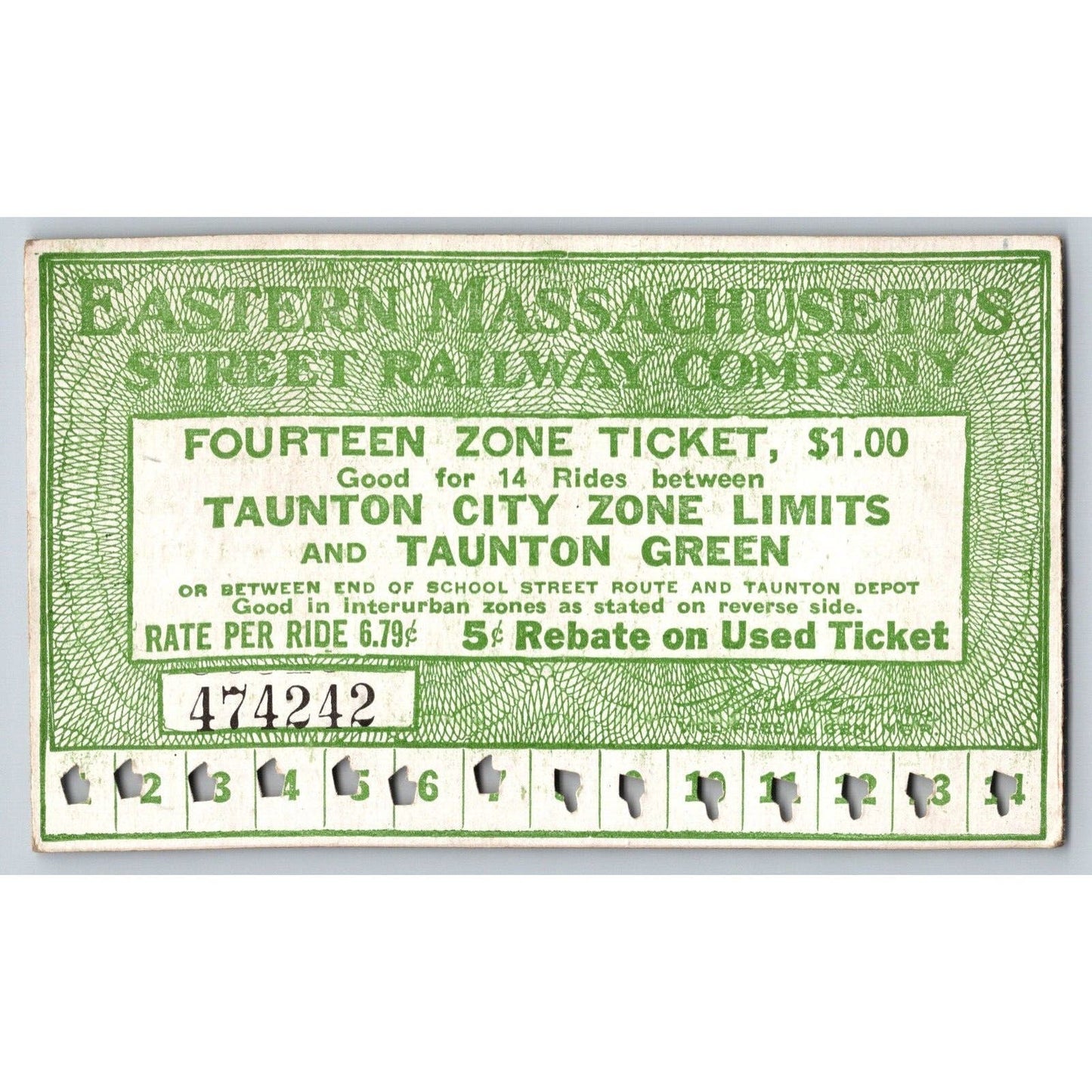 Eastern Massachusetts Street Railway Taunton c1919-33 14 Ride Ticket #474242