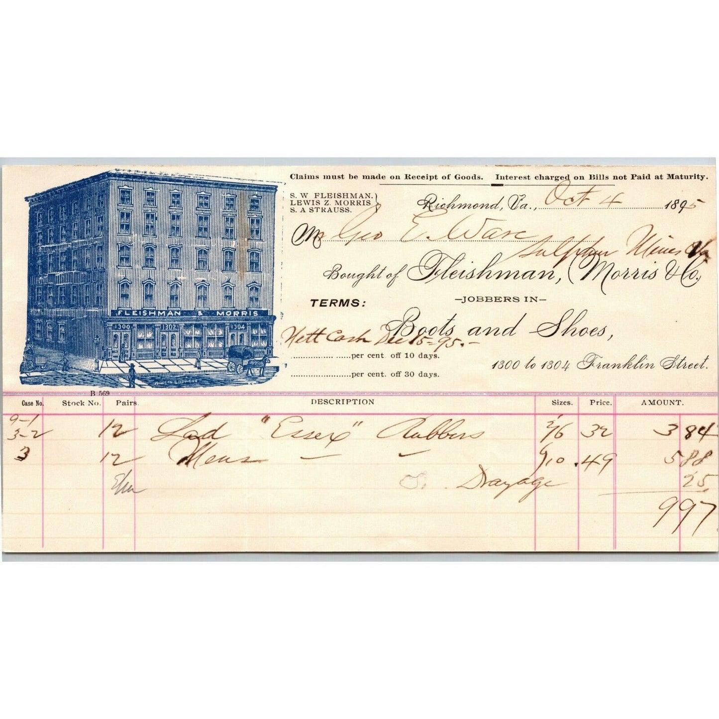 Fleishman & Morris Boots and Shoes Richmond, VA Letterhead to Geo. E. Wear 1895