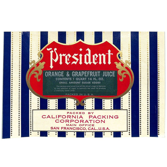 1950 Paper Can Label President Brand Orange Grapefruit Juice VGC - Scarce