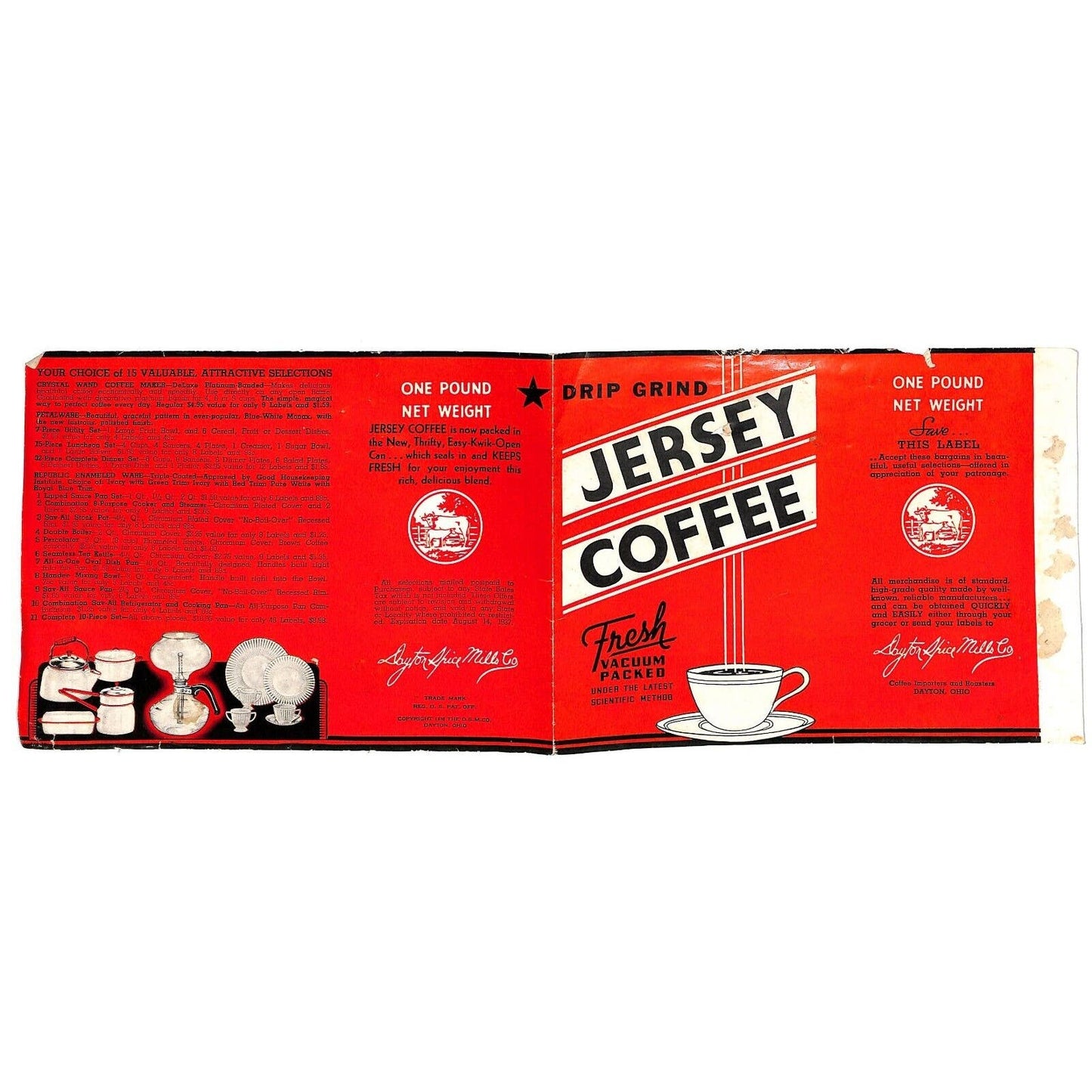 Jersey Coffee Label c1936 One Pound 5" x 14" Used / Red White - Scarce