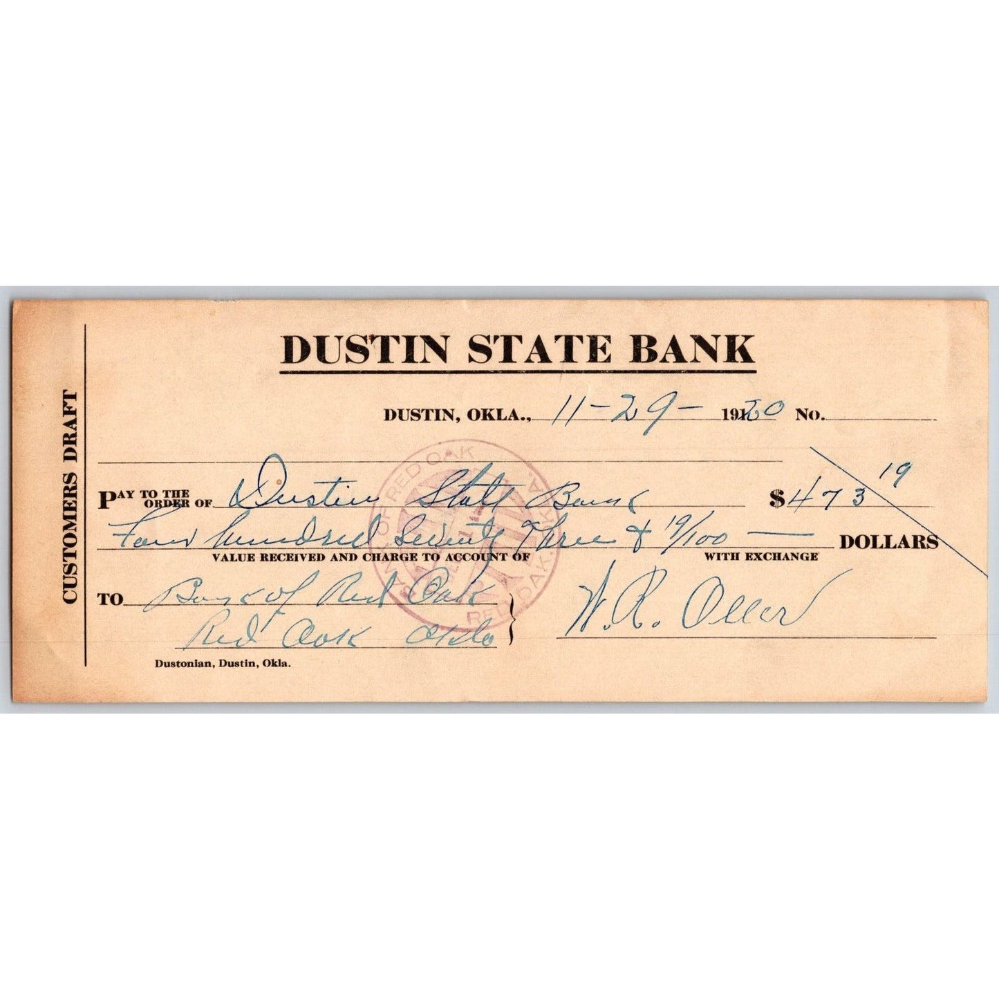 Dustin, OK 1920 "Dustin State Bank" Check - Scarce