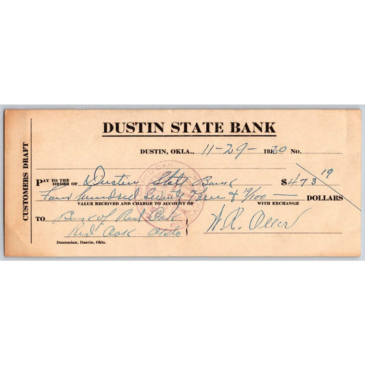 Dustin, OK 1920 "Dustin State Bank" Check - Scarce