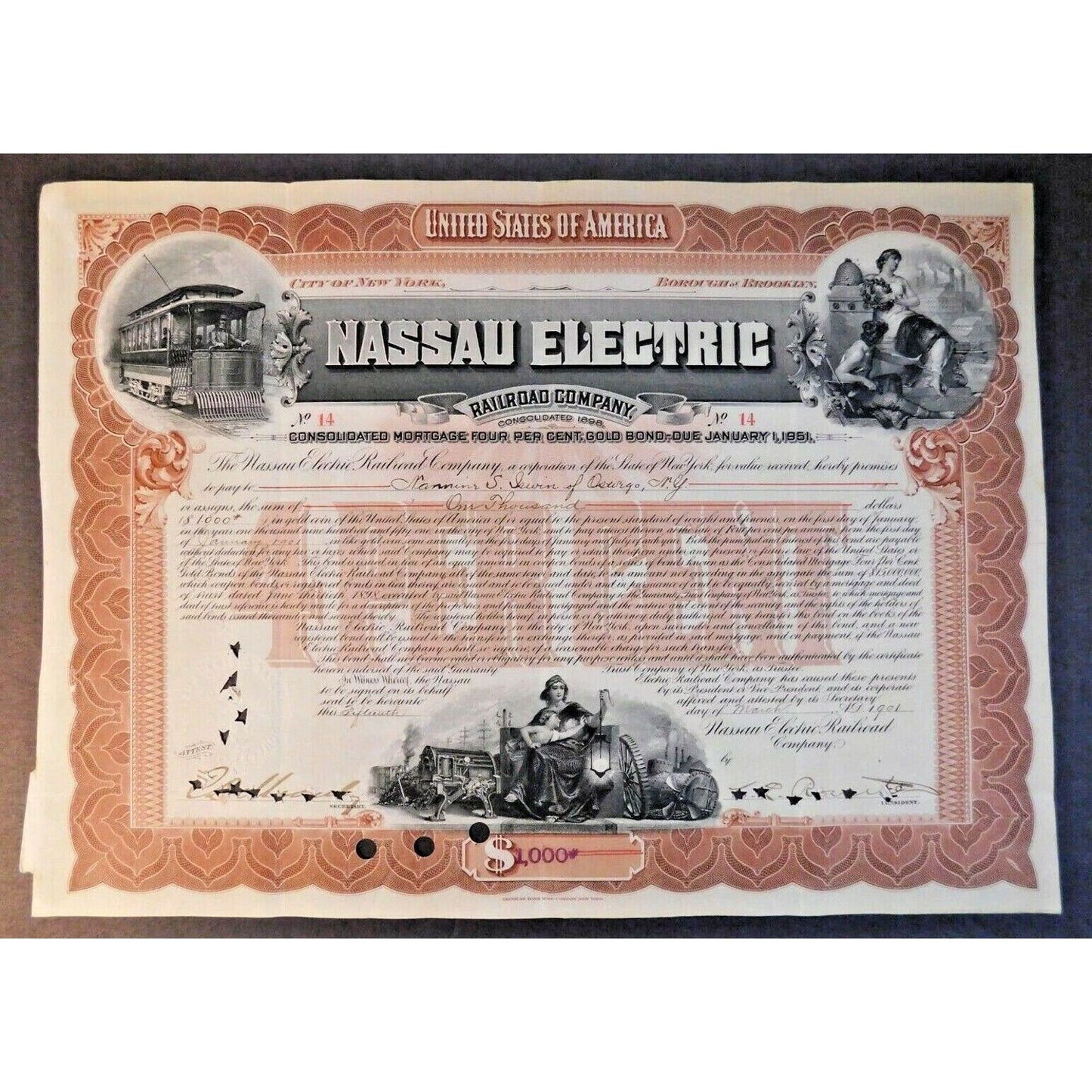 Large 1901 Stock Cert. Bond "Nassau Electric Railroad Co" Brooklyn, NY #14