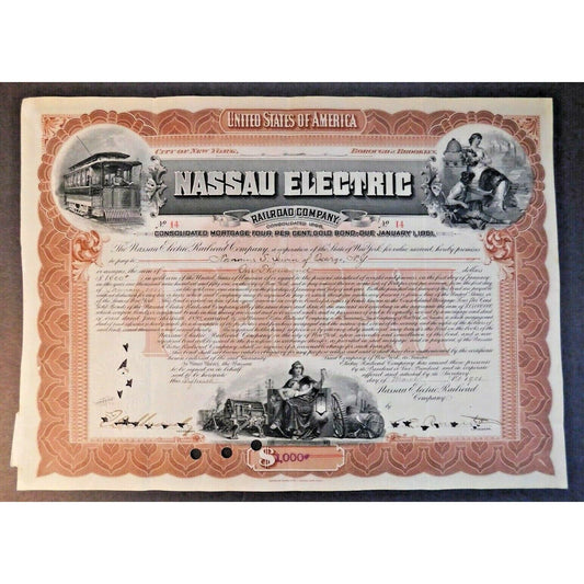 Large 1901 Stock Cert. Bond "Nassau Electric Railroad Co" Brooklyn, NY #14