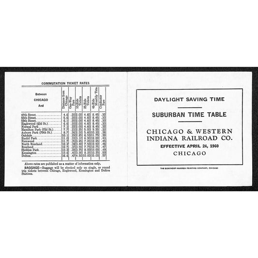 1960 Chicago & Western Indiana Railroad Suburban Time Table Daylight Savings
