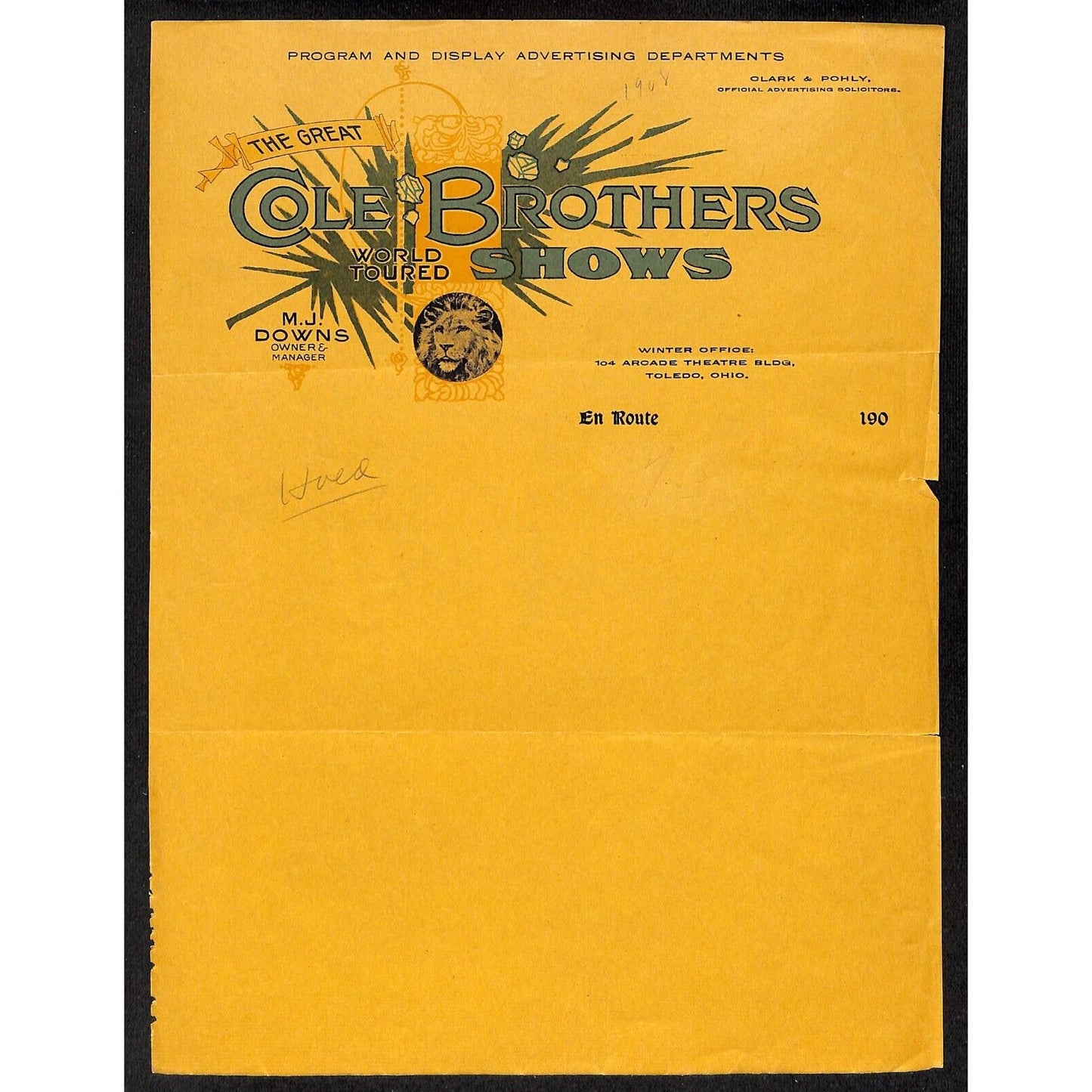 Cole Brothers World Toured Shows Letterhead c1908 Toledo M.J. Downs Scarce