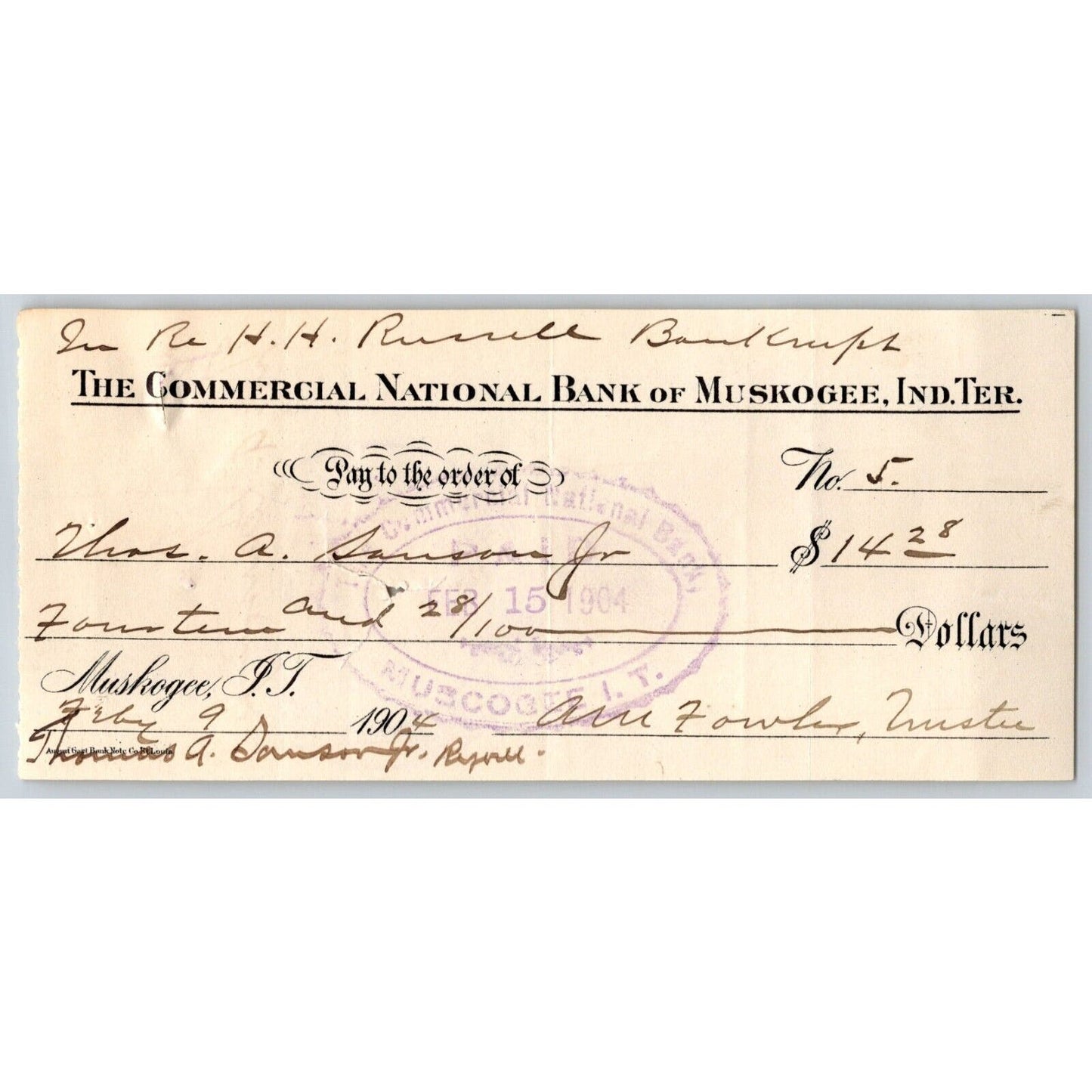 Muskogee, Oklahoma 1904 Indian Territory Commercial National Bank Check Scarce