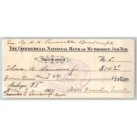 Muskogee, Oklahoma 1904 Indian Territory Commercial National Bank Check Scarce