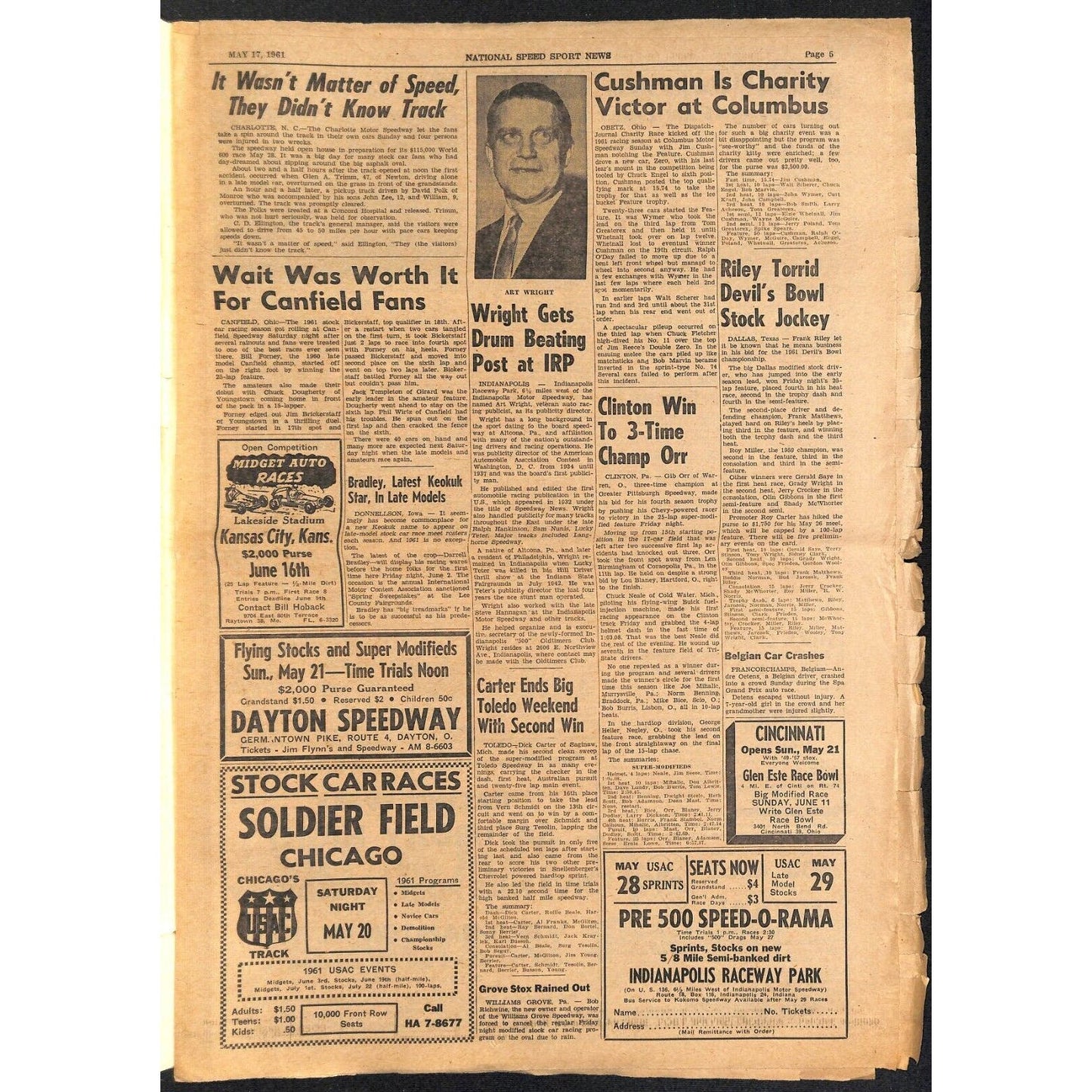 National Speed Sport News 5/17 1961 "Bettenhausen Loses Life" Racing 15pp VGC