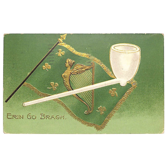 Irish Erin Go Bragh Postcard Pipe Harp Clover Flag Embossed Gilt PM 1910