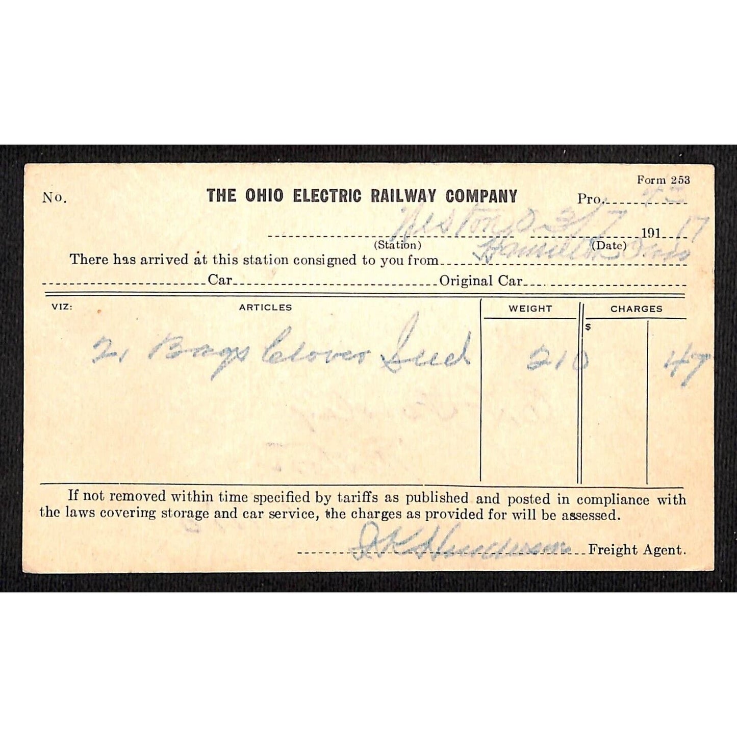 Ohio Electric Railway 1917 Freight Arrival Notice Postcard - Clover Seed
