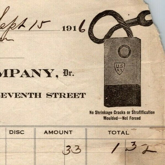 1916 "United States Carbon Co." Motor Brushes Billhead Letterhead 37th St., NYC