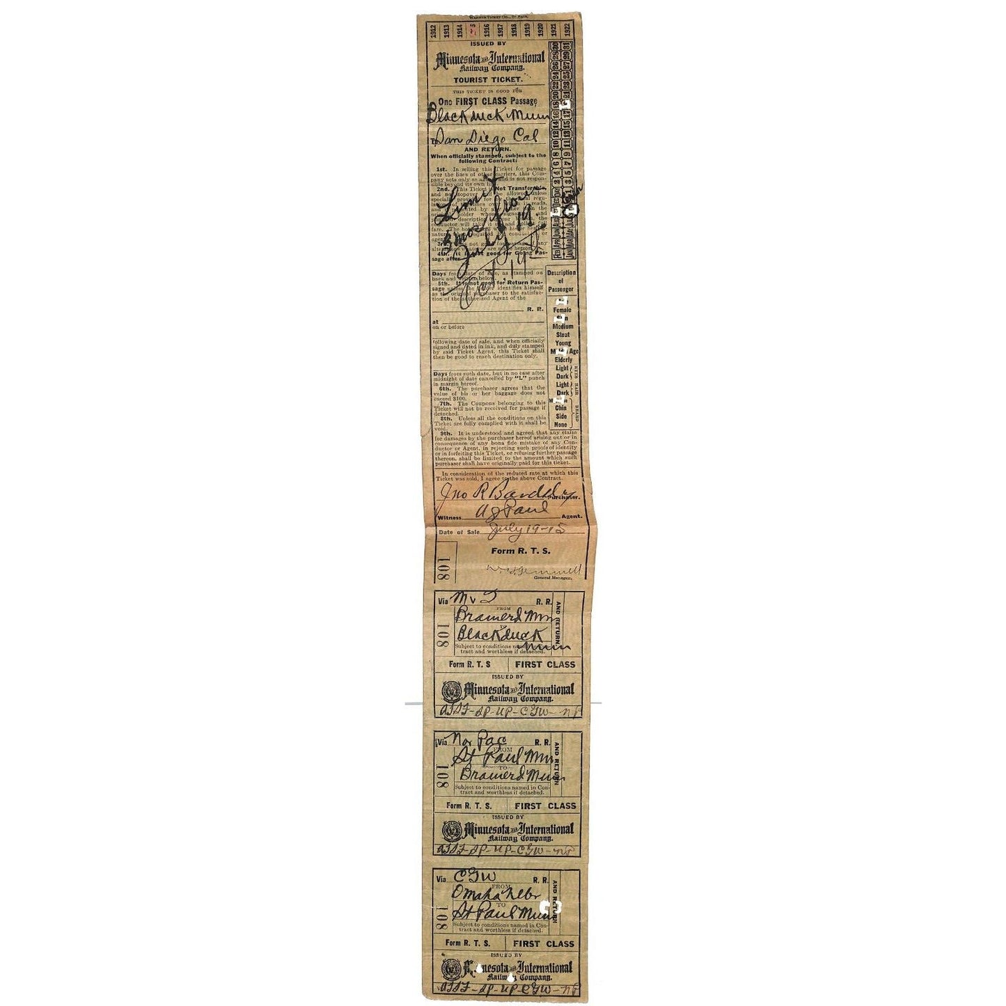 Minnesota and International Railway RR Ticket 1915 Blackduck, MN to San Diego