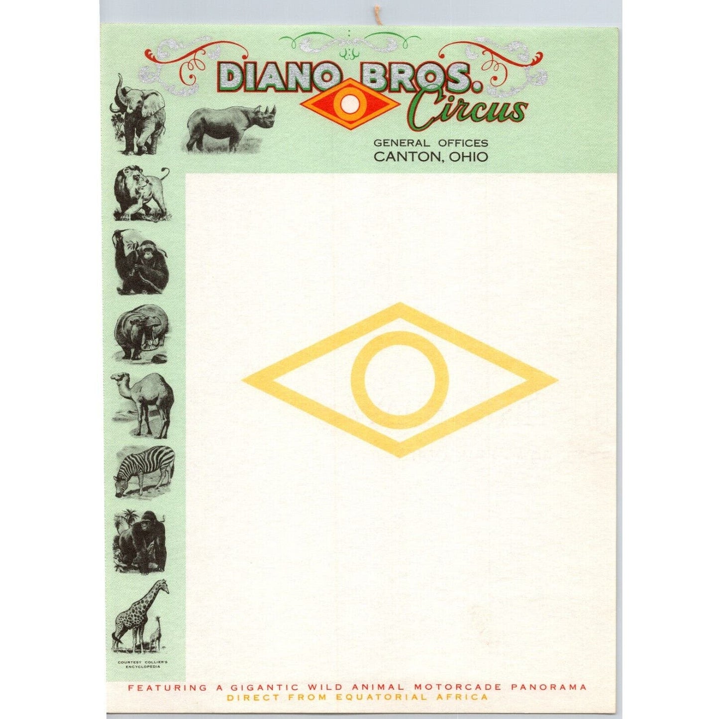 Diano Bros. Circus Letterhead c1953 Canton, OH Wild Animal Motorcade Very Scarce