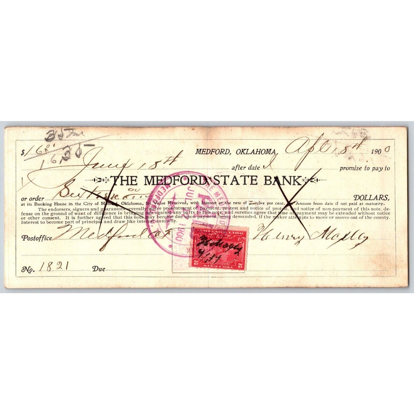 Medford, Oklahoma 1900 Territorial Promissory Note w/ Tax Rev Stamp