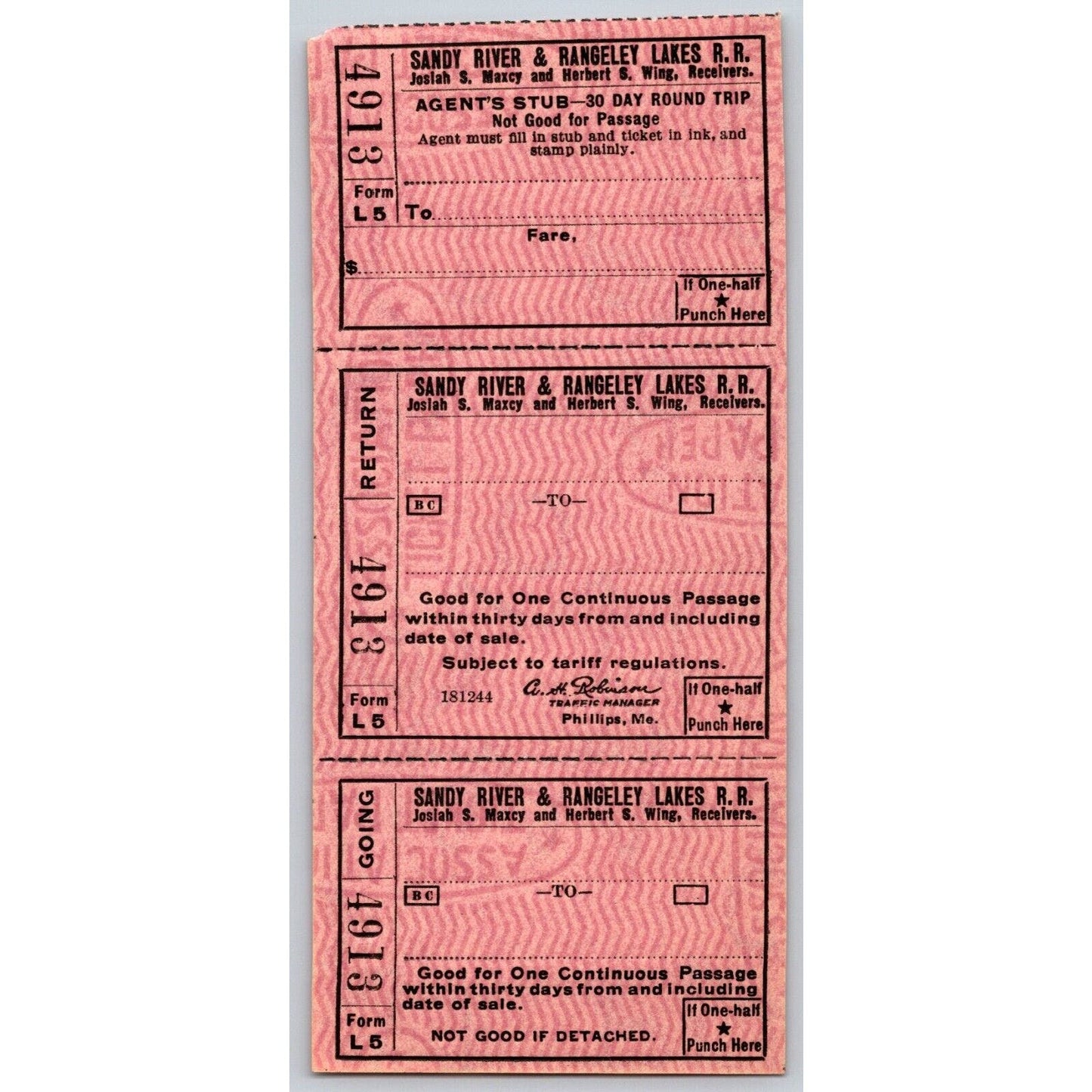 Sandy River & Rangeley Lakes Railroad Unused Write-in Ticket #4913 VGC Scarce